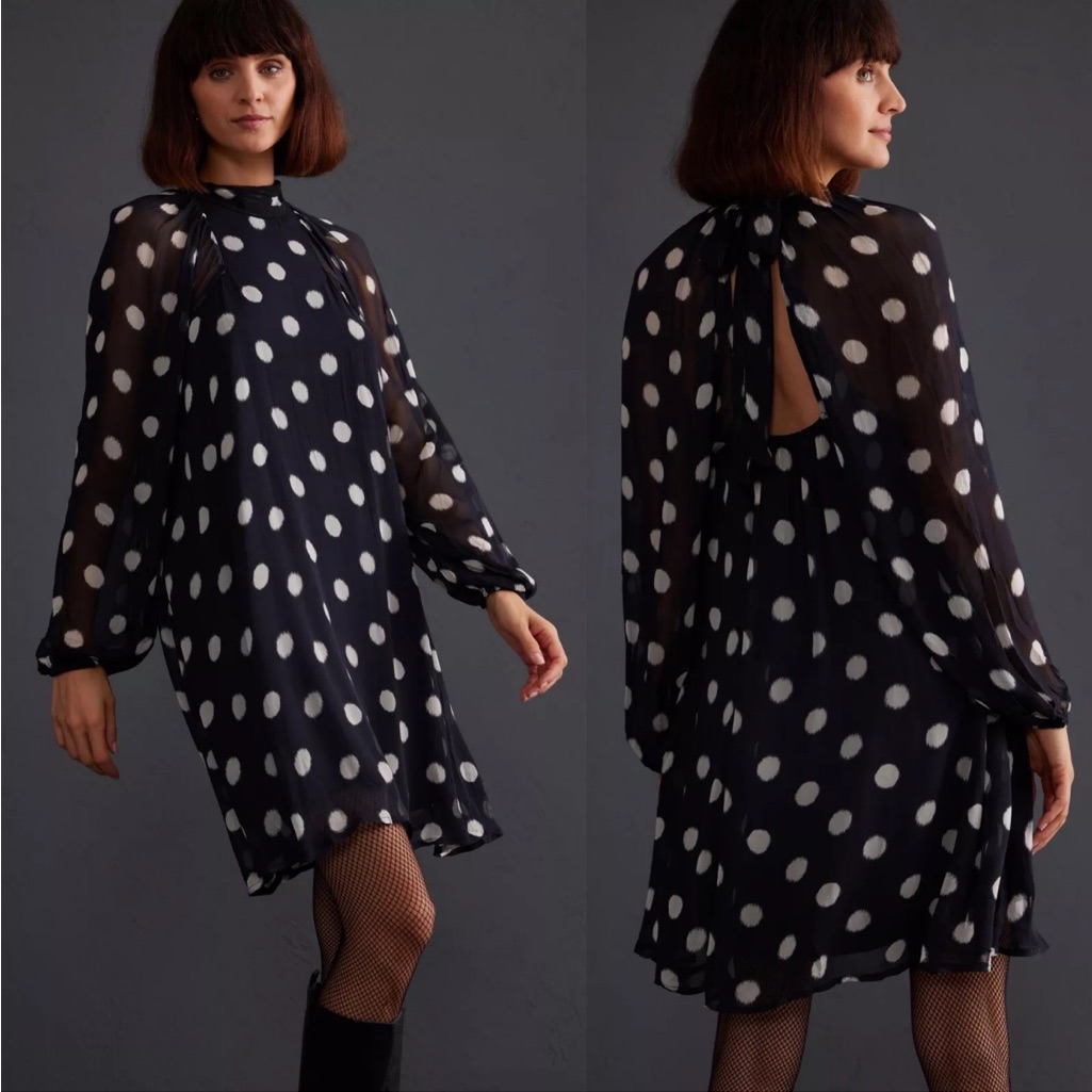 Anthropologie Black Mini Dress With White Polka Dots